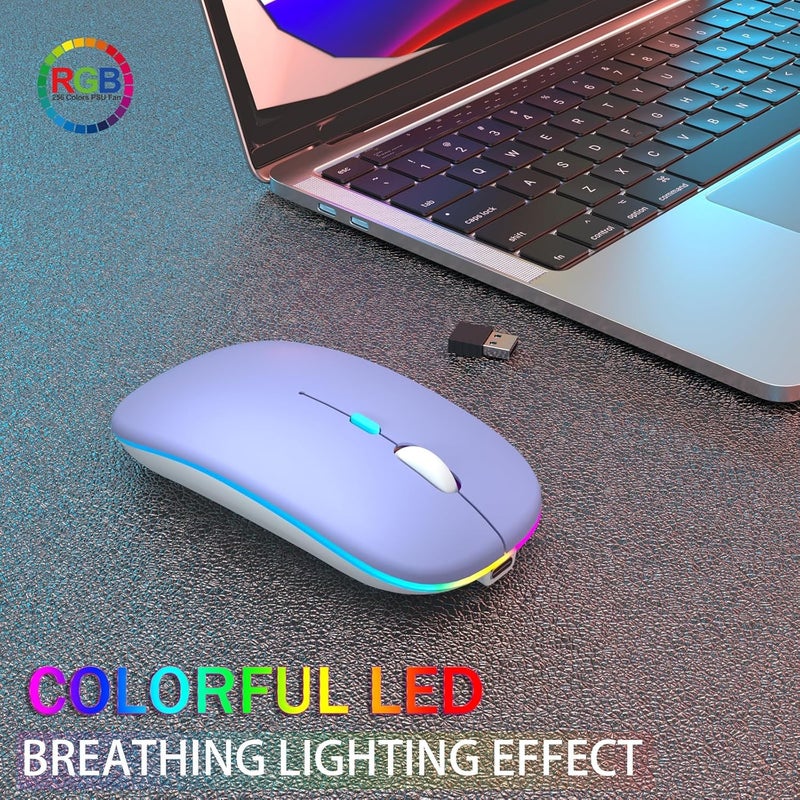 AOLIKOKO فأرة بلوتوث لاسلكية قابلة لإعادة الشحن للكمبيوتر المحمول مع إضاءة LED، استخدام محمول (BT5.2 و USB 2.4G) اتصال مزدوج، فأرة كمبيوتر صامتة ونحيفة للكمبيوتر المحمول / جهاز iPad اللوحي / Apple MacBook / PC (أرجواني) - Image 2